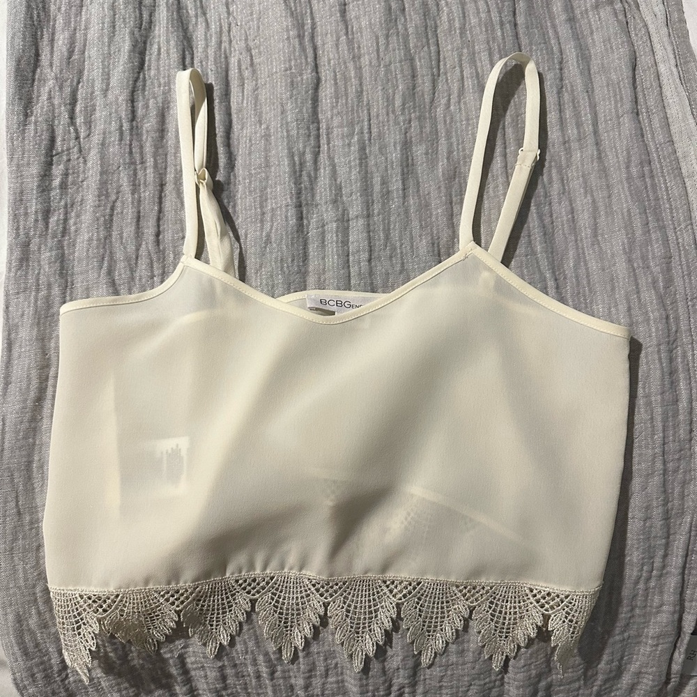 BCBG White Cropped Lace Detail Top